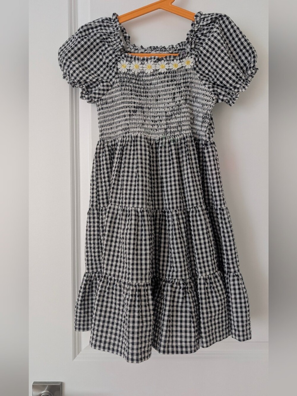 Iris & Ivy Black & White Gingham Smocked Dress with Daisy Trim